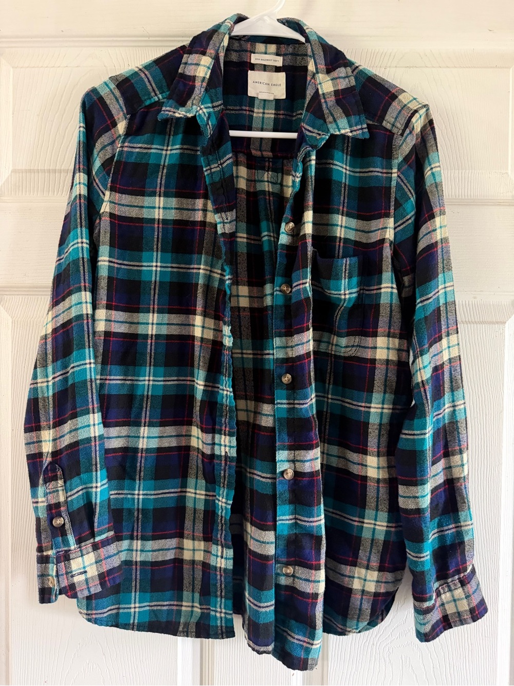 American Eagle Outfitters Teal Purple White Plaid Button-Down Shirt